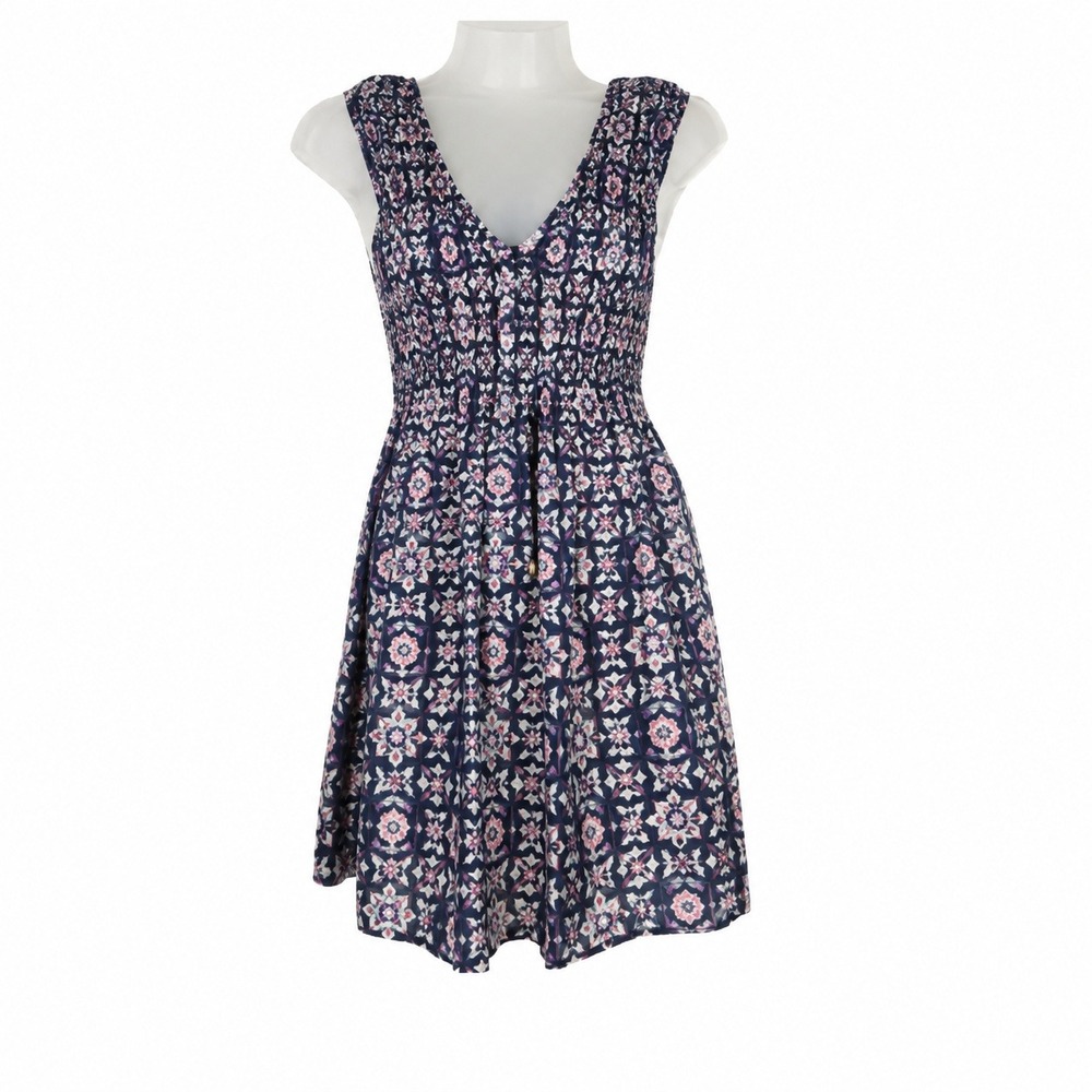 Free People Dress 2 Navy Silk Floral Mini Smocked Bodice Boho Medallion Cottage